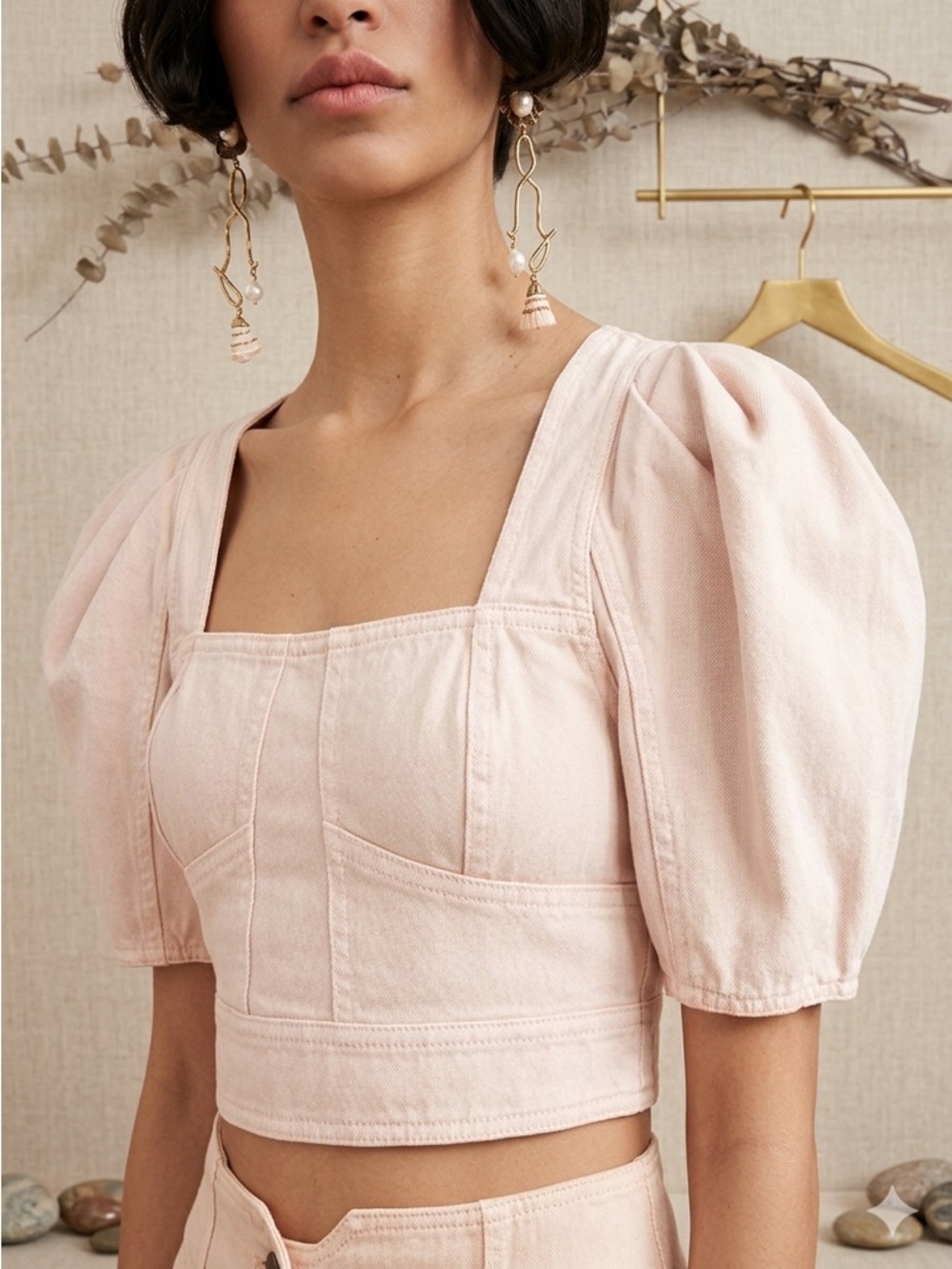 Ulla Johnson Renee Puff Sleeve Pink Washed Denim Crop Top Women’s Size 4